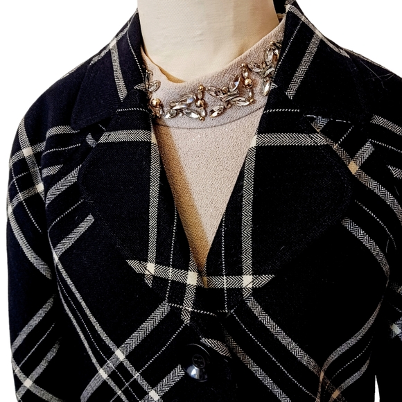 WOOL Career Jacket Black White French Styled Boxy Short Blazer Geometric Sz 8 - Picture 7 of 17